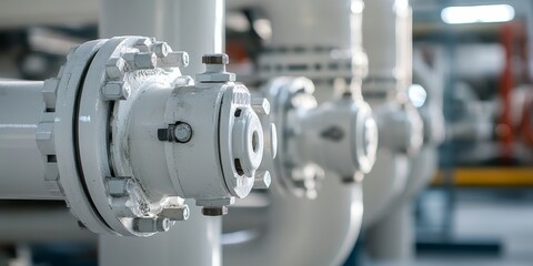 Fototapeta premium White pipeline and tank featuring a valve provide essential infrastructure for various industrial applications. The white pipeline style complements the tank s functionality while maintaining