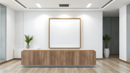 Contemporary lobby area interior design in white and wood style with reception counter, hardwood floor.with blank frame. beauty spa or office reception. 3d render, 3d illustration
