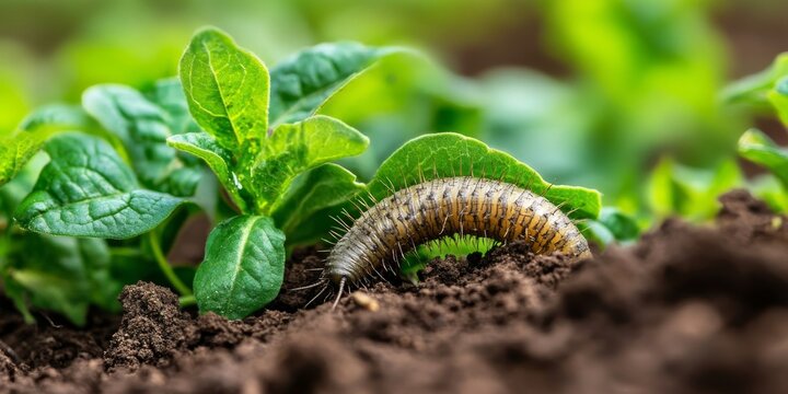 A wireworm pest visible as it emerges from a freshly dug potato, highlighting the impact of wireworm pests on potato crops and agricultural practices.