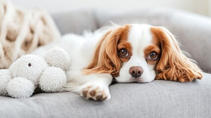 A relaxed dog resting on a couch with a plush toy beside it.
