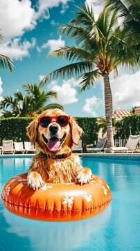 Golden retriever enjoying summer pool time with sunglasses
