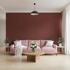 a modern living room with a pink sofa against a red striped wall. The sofa has white throw pillows and a white blanket on it