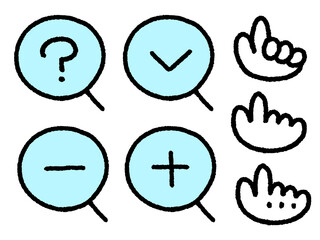 シンプルな虫眼鏡と指差しアイコンセット　手描きイラスト