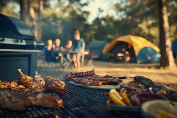 A vibrant camping scene with grilled meats and tents in the background.