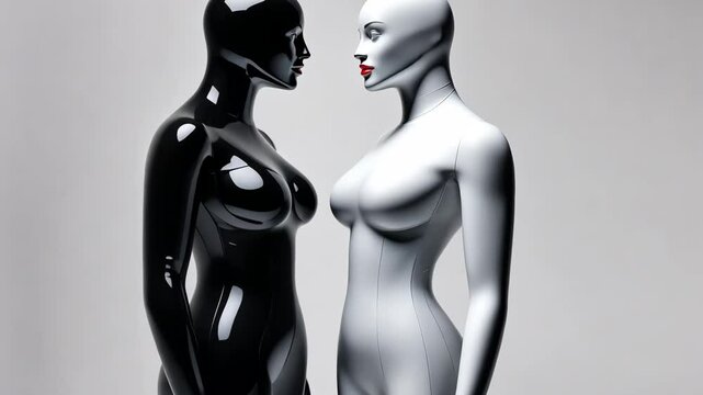 Models wearing black and white latex catsuits posing