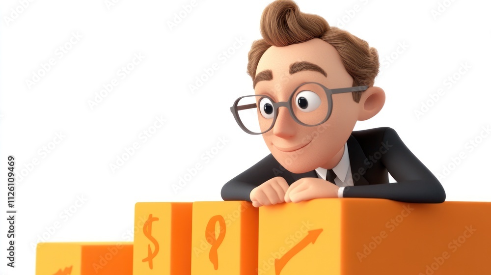 Poster a cheerful animated character analyzing growth on orange blocks with symbols.