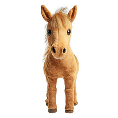 Extreme front view of a perfectly made hyper realistic horse animal soft toy isolated on a white transparent background