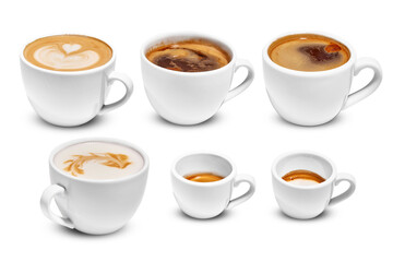 An assortment of coffee styles served in pristine white cups, highlighting latte art, rich crema,...