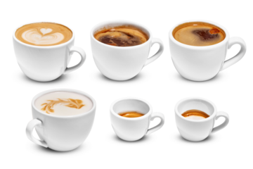 An assortment of coffee styles served in pristine white cups, highlighting latte art, rich crema, and smooth textures. A clean and elegant showcase of diverse coffee preparations for enthusiasts