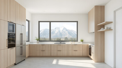 Fototapeta premium Modern kitchen in classic villa, loft, big panoramic windows, Wooden minimalist interior design, 3d illustration.