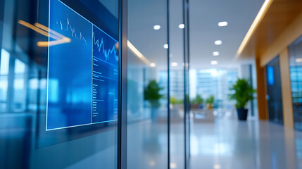 Modern office interior with digital screens displaying financial data and analytics.