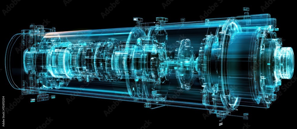 Poster 3d rendering of a complex cylindrical machine's internal components, showcasing intricate gears, sha