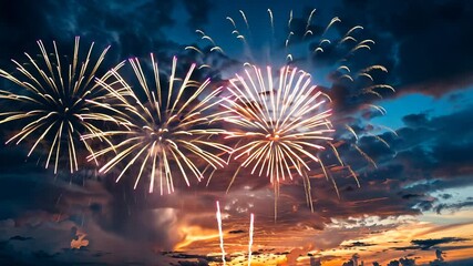 fireworks display at sunset with colorful sky, celebration and festivity concept