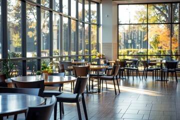 Fototapeta premium The inviting interior of a cafe features wooden tables and chairs arranged neatly, with sunlight flooding through large windows, creating a warm atmosphere on an autumn afternoon.