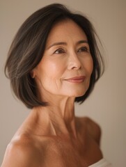 Obraz premium elegant mature older woman beauty closeup studio portrait - skincare beige and white aesthetic, diverse beauty