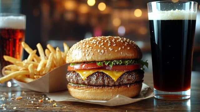 video of juicy hot hamburger, french fries, glass of soda on table against background of diner, fast food, junk food, burger with meat patty, cheese, vegetables, buns and sesame seeds