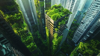 Obraz premium Green rooftop cityscape, high-rise buildings with lush vegetation, eco-friendly design,