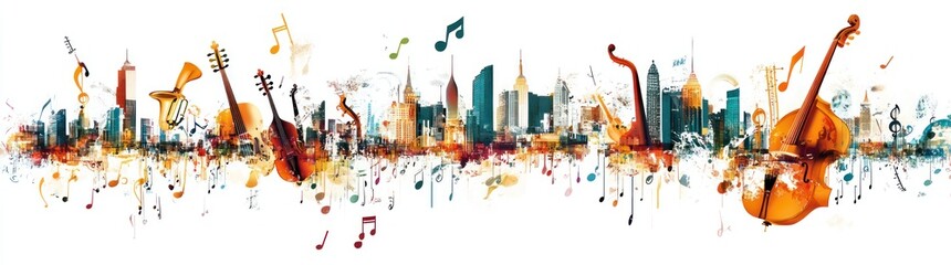A vibrant skyline blended with musical instruments and notes, symbolizing the harmony of music and urban life.
