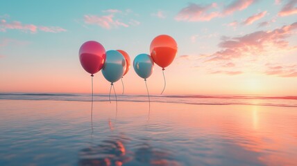 Fototapeta premium Pastel Balloons Floating on a Tranquil Beach at Sunset.