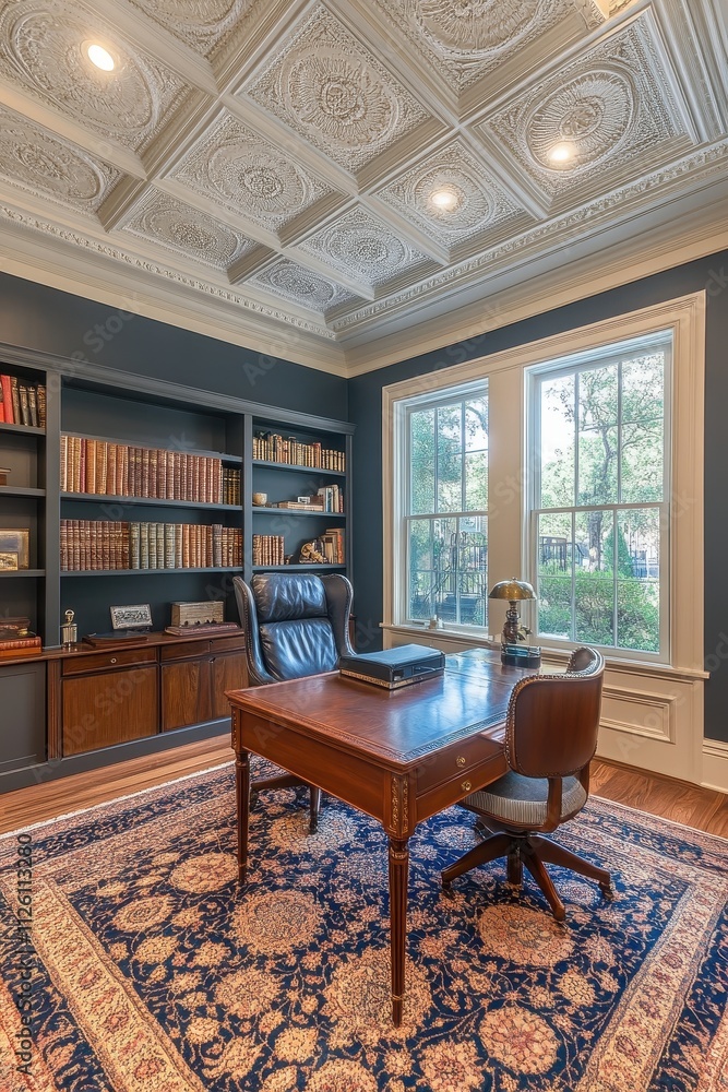 Canvas Prints Elegant and Sophisticated Home Office with Ornate Ceiling and Bookshelves