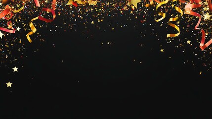 Corner border of sparkling party noisemakers, streamers, and glittering gold stars on a black background for a New Year's Eve celebration