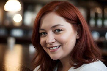 Close up head shot of a happy beautiful chubby, full figured, red head, red haired woman, with a pretty smile.portrait, joyful, vibrant, hair, freckles, glowing, cheerful, confident, radiant