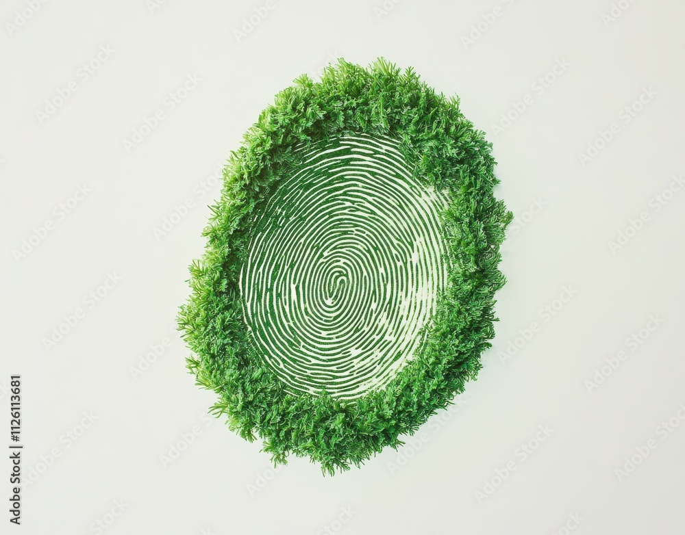 Poster nature-inspired fingerprint art with lush greenery surrounding intricate circular design representin