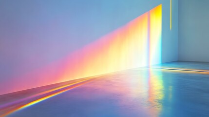 Crystal prism refracting vibrant rainbow light onto a smooth white wall with a soft gradient