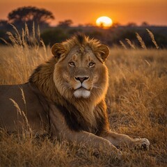 A lion lounging in golden grass under a burning orange sunset.