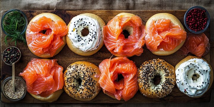 Cream cheese lox bagel board featuring salmon, presented in a top view. This flat lay showcases the delicious combination of cream cheese and lox on bagels from above, highlighting texture and detail.