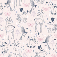 Cute Seamless Pattern with Animals and Birds – Including Deer, Rabbits, Bunnies, Raccoon, and Butterflies – Hand-Drawn Vector background