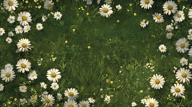 Daisies in full bloom spreading across a grassy meadow in a seamless spring wallpaper