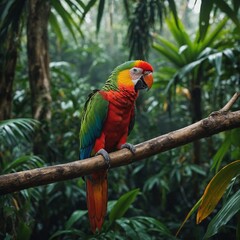 Obraz premium A vibrant parrot perched on a branch with a tropical rainforest background.