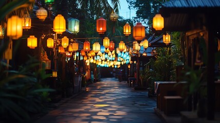 Obraz premium Illuminated pathway at night, lined with colorful lanterns and lush tropical foliage.