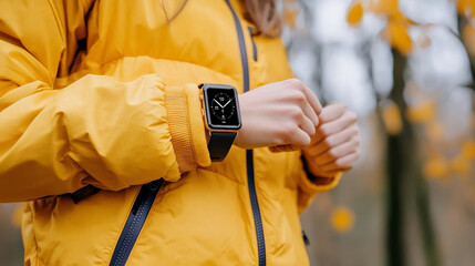 person wearing yellow jacket checks their smartwatch outdoors