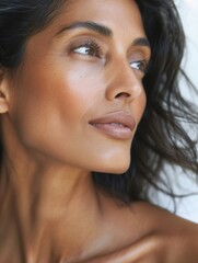 elegant mature older woman beauty closeup studio portrait - skincare beige and white aesthetic, diverse beauty © MakeStories.com