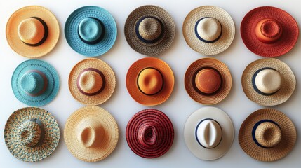 Fototapeta premium An assortment of brilliantly designed hats displaying diverse colors and patterns, perfect for summer getaways.