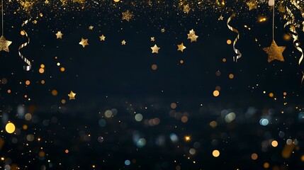 Festive corner border with gold glitter stars, metallic streamers, and party decorations against a dark black background