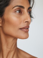 elegant mature older woman beauty closeup studio portrait - skincare beige and white aesthetic, diverse beauty © MakeStories.com