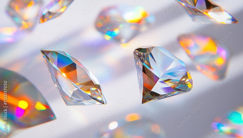 Poster sparkling multicolored diamonds flying through light, creating beautiful reflections and colorful pa