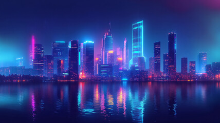Fototapeta premium Vibrant Futuristic City Skyline at Night with shiny and glowing neon lights, abstract ultra modern light effect of cityscape featuring sleek modern architecture illuminated by vibrant neon lights. 