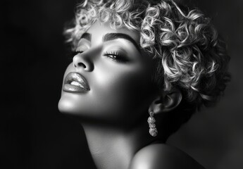 Fototapeta premium Stunning Black and White Portrait of a Beautiful Young Woman with Curly Hair and Elegant Earrings Capturing the Essence of Fashion and Beauty in a Timeless Style