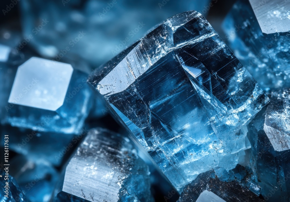 Poster stunning close-up of natural blue crystals with sharp edges and intricate patterns reflecting light,