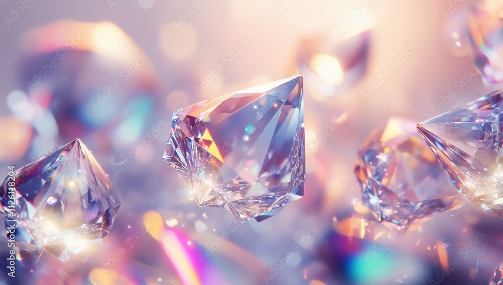 Poster stunning visuals of sparkling diamonds with colorful reflections on a soft background, perfect for c