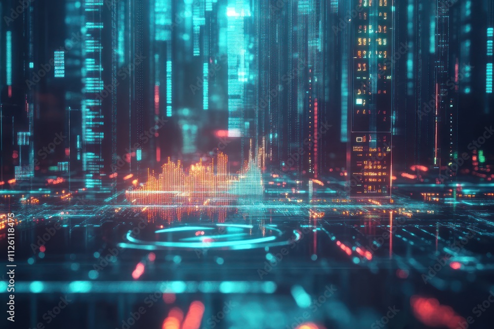 Poster futuristic cityscape with glowing digital data streams and holographic interface.