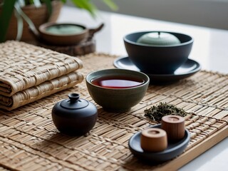 collection of accessories for meditation qigong pillow bamboo mat herbal teas for ceremony