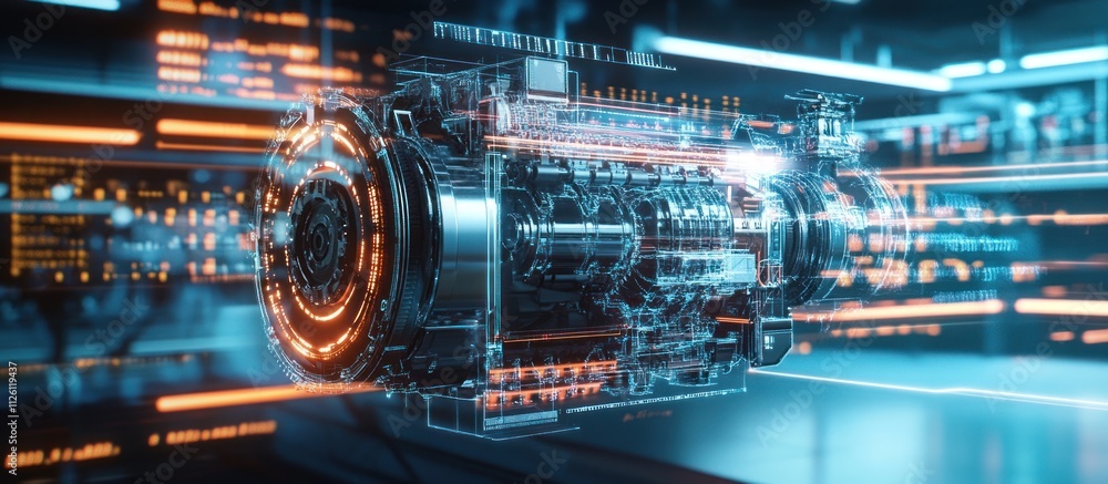 Poster futuristic engine design with transparent casing, glowing components, and digital background.