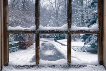 Fluffy snow blankets the ground and clings to tree branches outside a rustic window, creating a peaceful winter atmosphere in a quiet neighborhood.