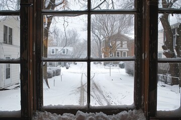 A serene winter landscape unfolds with fresh snow covering streets and homes, seen through a frost-rimmed window on a cold morning.