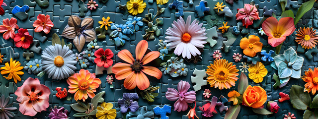 A vibrant arrangement of colorful flowers made from puzzle pieces, showcasing various shades and textures contributing to a whimsical atmosphere.